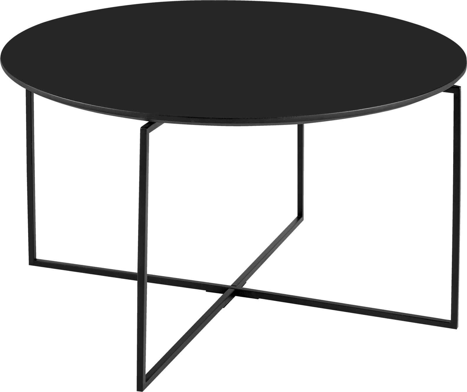 Moderne ronde salontafel met zwart tafelblad en filigraan metalen onderstel, gezien vanaf de zijkant.