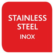 Rotes Schild mit der Aufschrift 'STAINLESS STEEL INOX', Vorderansicht.