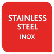 Rood bord met het opschrift 'STAINLESS STEEL INOX', vooraanzicht.