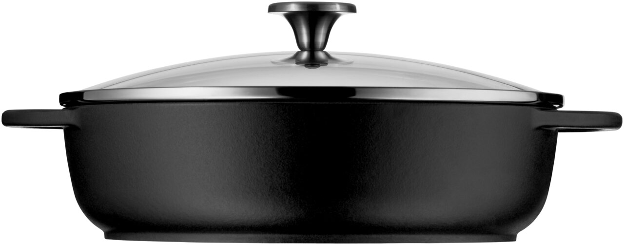 Bauernpfanne mit Glasdeckel, seitliche Perspektive