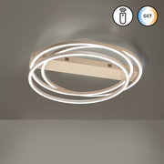 Moderne LED-Deckenleuchte mit drei überlappenden Leuchtringen in warmweißem Licht, Deckenmontage in Draufsicht von unten; mit Fernbedienungs- und CCT-Farbtemperatur-Symbolen.
