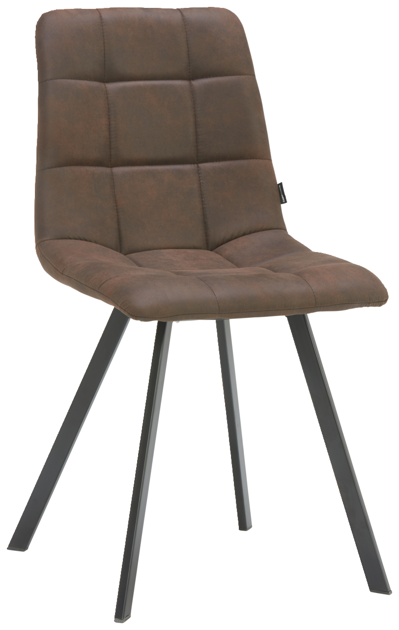 Osca Stuhl RUBY Moderner brauner Stuhl mit gepolsterter Sitzfläche und Rückenlehne, schwarzes Metallgestell, seitliche Perspektive