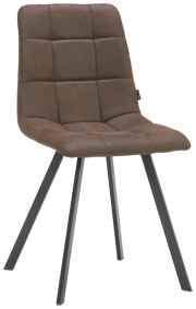 Moderner brauner Stuhl mit gepolsterter Sitzfläche und Rückenlehne, schwarzes Metallgestell, seitliche Perspektive