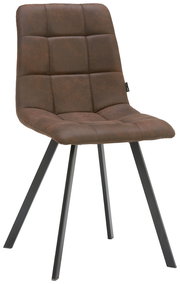 Moderner brauner Stuhl mit gepolsterter Sitzfläche und Rückenlehne, schwarzes Metallgestell, seitliche Perspektive