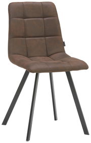 Moderner brauner Stuhl mit gepolsterter Sitzfläche und Rückenlehne, schwarzes Metallgestell, seitliche Perspektive