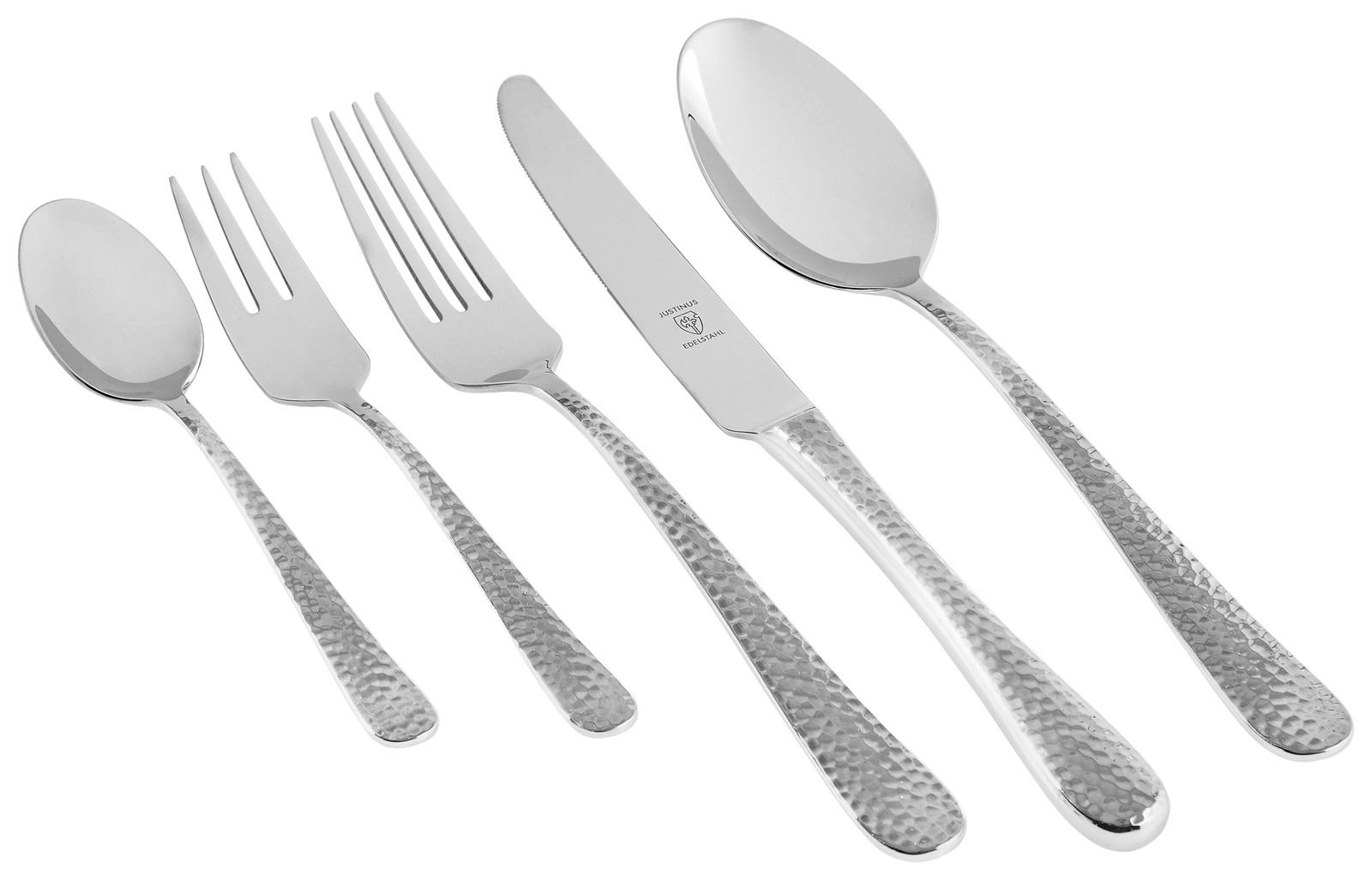 Justinus Bestekset, 60-delig LOFTHOUSE Hochwertiges Besteckset aus Edelstahl mit gehämmerter Oberfläche, bestehend aus Löffel, Gabel, Messer und Teelöffel, in seitlicher Perspektive.