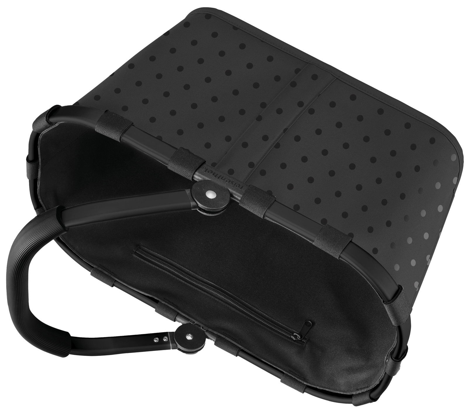 Schwarzer Einkaufskorb mit glänzenden Punkten, von oben betrachtet, mit stabilem Rahmen und Tragegriff.