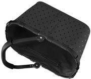 Schwarzer Einkaufskorb mit glänzenden Punkten, von oben betrachtet, mit stabilem Rahmen und Tragegriff.