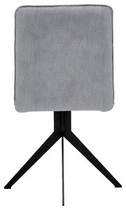 Rückansicht eines grauen Stuhls mit schwarzem Metallgestell und vier Beinen.