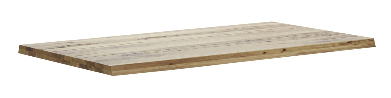 Houten tafelblad met een natuurlijke houtlook, in perspectief vanaf de zijkant gefotografeerd.