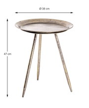 Runder Metall-Beistelltisch mit Tablettkante und drei schrägen Beinen, Ø 38 cm und 47 cm hoch, freigestellt in frontaler leicht schräger Ansicht (3/4-Perspektive)