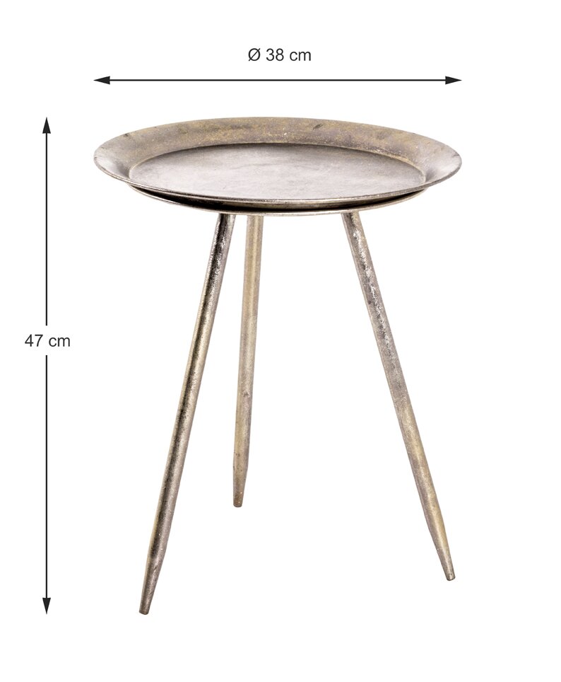 Runder Metall-Beistelltisch mit Tablettkante und drei schrägen Beinen, Ø 38 cm und 47 cm hoch, freigestellt in frontaler leicht schräger Ansicht (3/4-Perspektive)