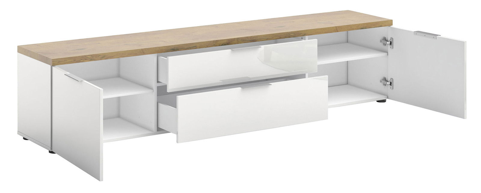 XL-TV-Lowboard mit weißem Korpus und Holzoberfläche, offene Schubladen und Türen, seitliche Perspektive