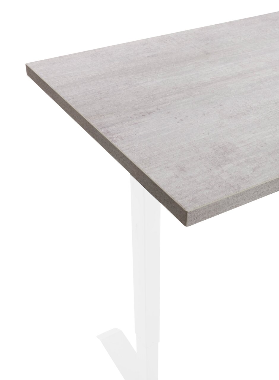 Eckansicht einer grauen Tischplatte mit glatter Oberfläche auf einem weißen Tischgestell.