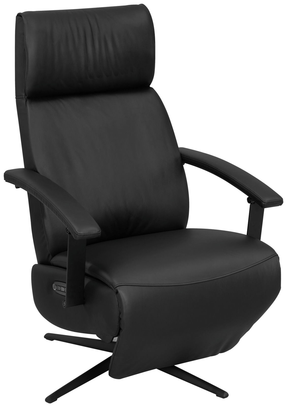 XORA Relaxsessel MAX 2.0 Schwarzer Relaxsessel aus Leder mit Armlehnen und hoher Rückenlehne, seitliche Perspektive