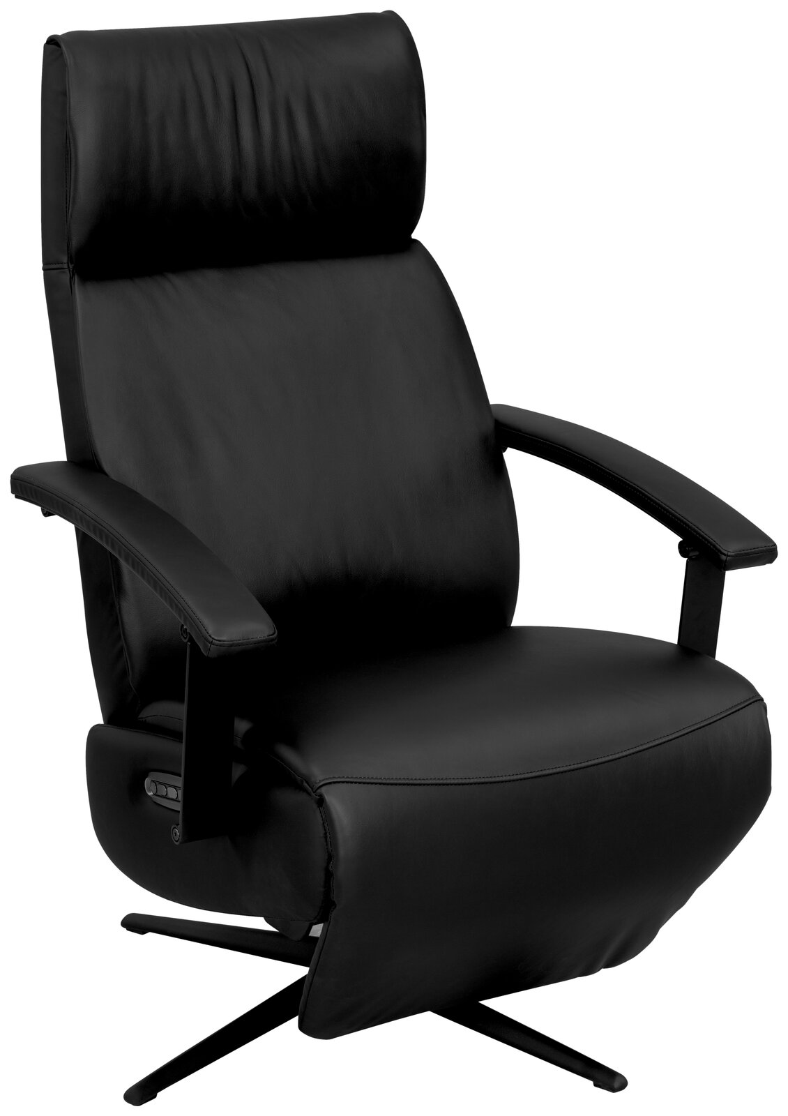 Schwarzer Relaxsessel aus Leder mit Armlehnen und hoher Rückenlehne, seitliche Perspektive