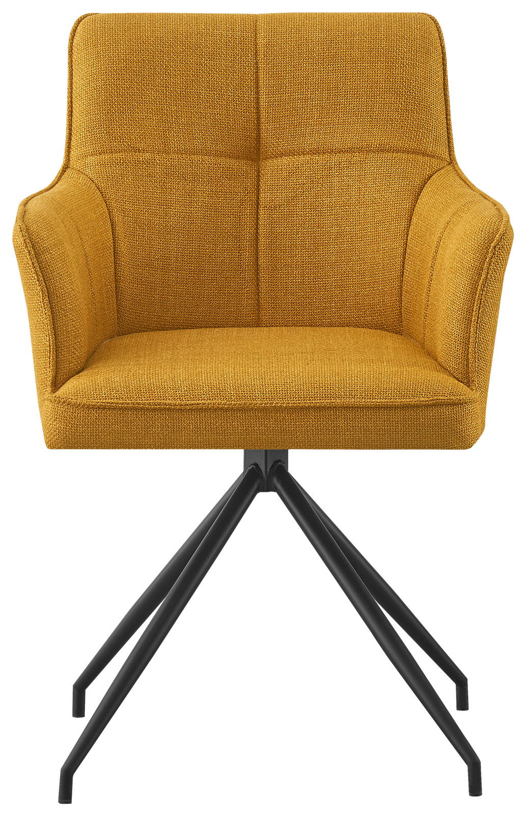 Gelber Armlehnstuhl mit schwarzem Metallgestell, Frontalansicht