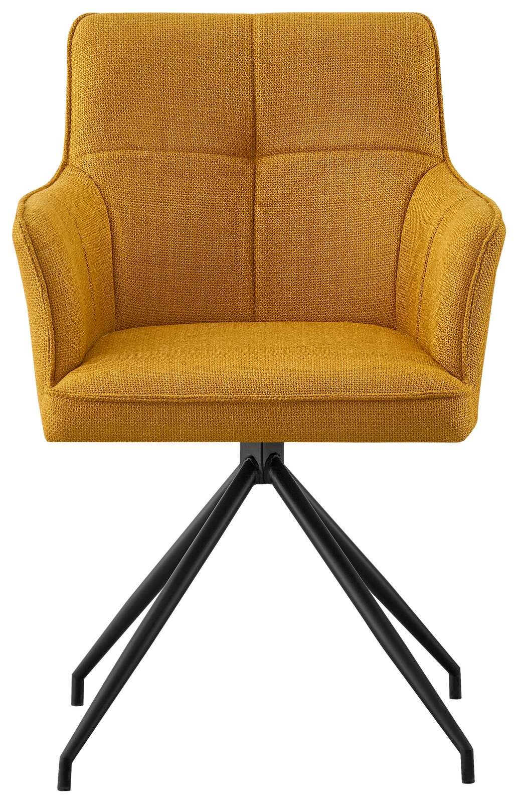 Gelber Armlehnstuhl mit schwarzem Metallgestell, Frontalansicht