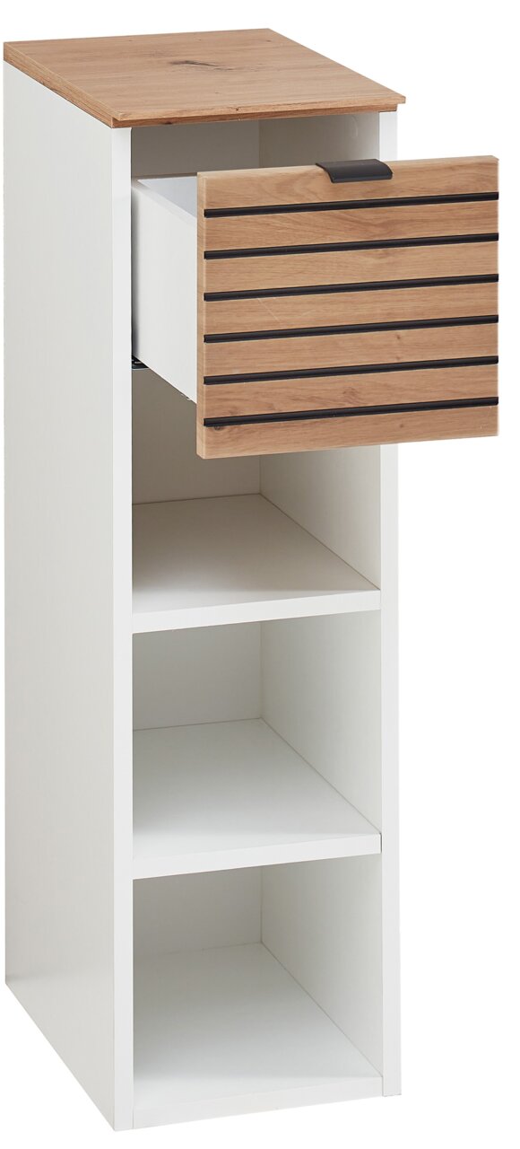Weißes Hängeregal mit drei offenen Fächern und einer Schublade mit Holzfront, Perspektive von vorne.