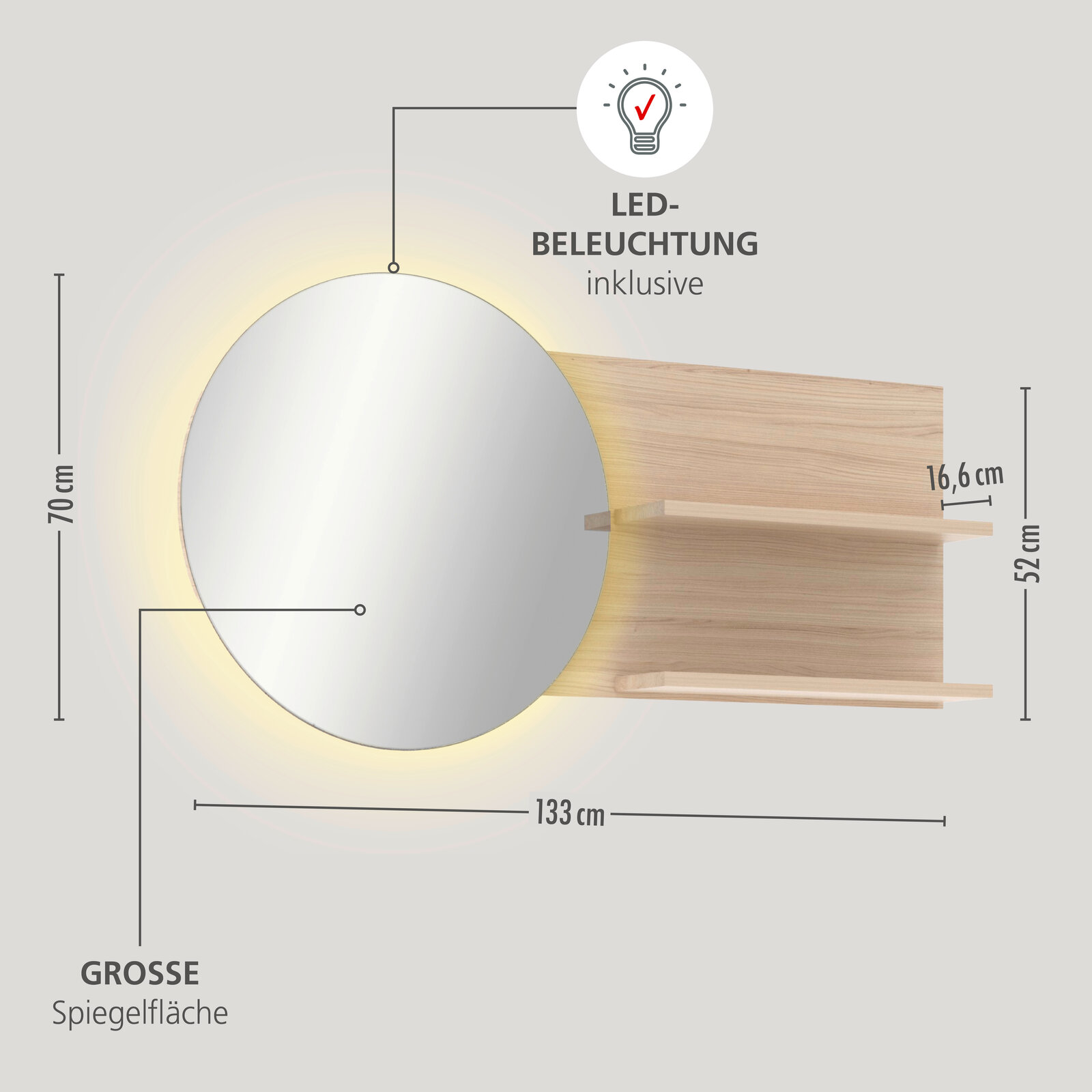 Runder Wandspiegel mit integrierter LED-Beleuchtung und seitlichem Holzregal mit zwei Ablagen, Maße ca. 133 cm Breite, Spiegel Ø 70 cm, Regalhöhe 52 cm, Ablagetiefe 16,6 cm, dargestellt in Frontansicht mit leicht seitlicher Perspektive.