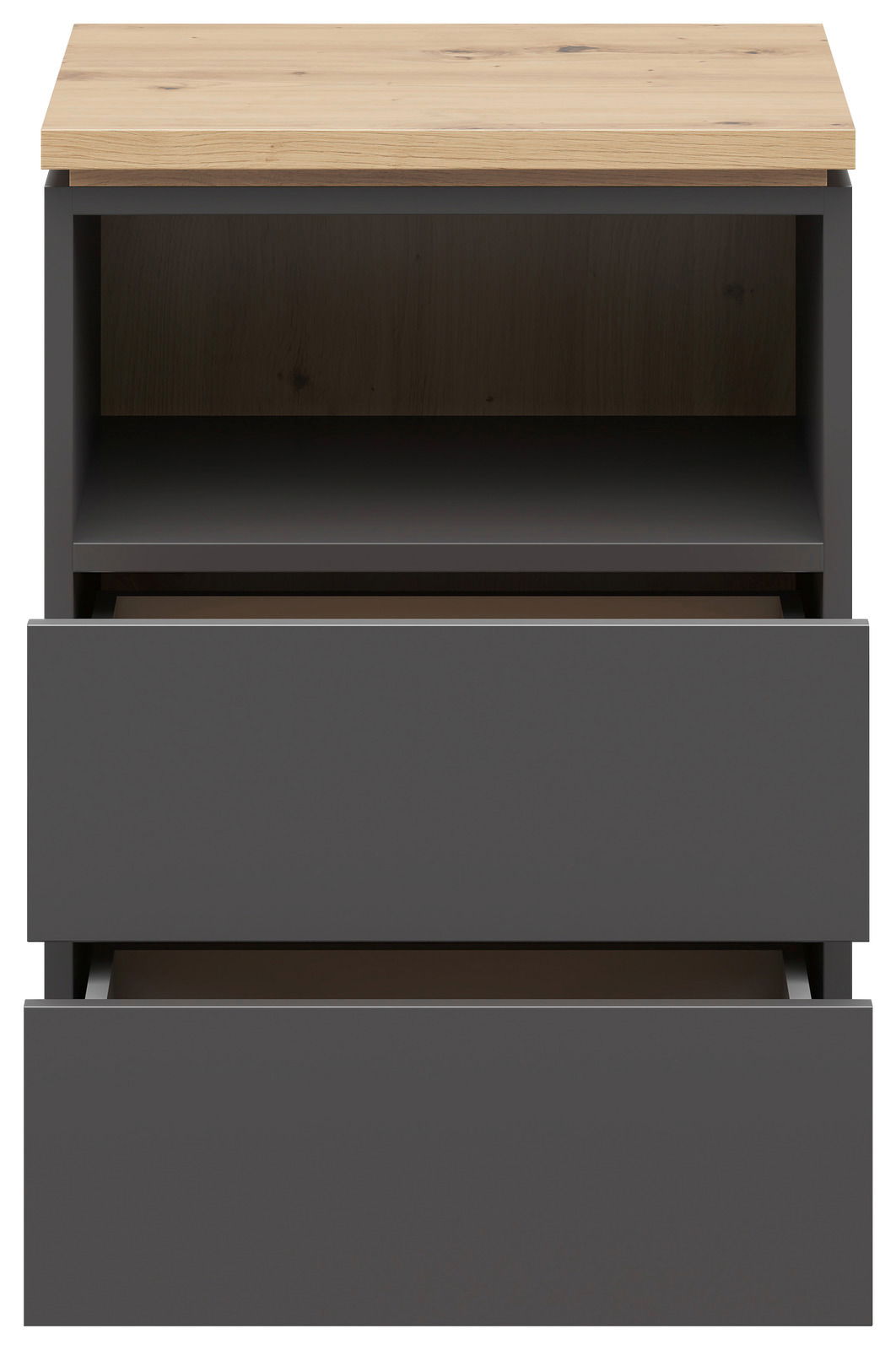 Nachtkommode in moderner Frontansicht mit zwei offenen Schubladen und einer offenen Ablage, obere Platte in Holzoptik.