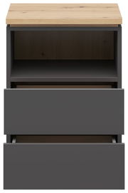 Nachtkommode in moderner Frontansicht mit zwei offenen Schubladen und einer offenen Ablage, obere Platte in Holzoptik.
