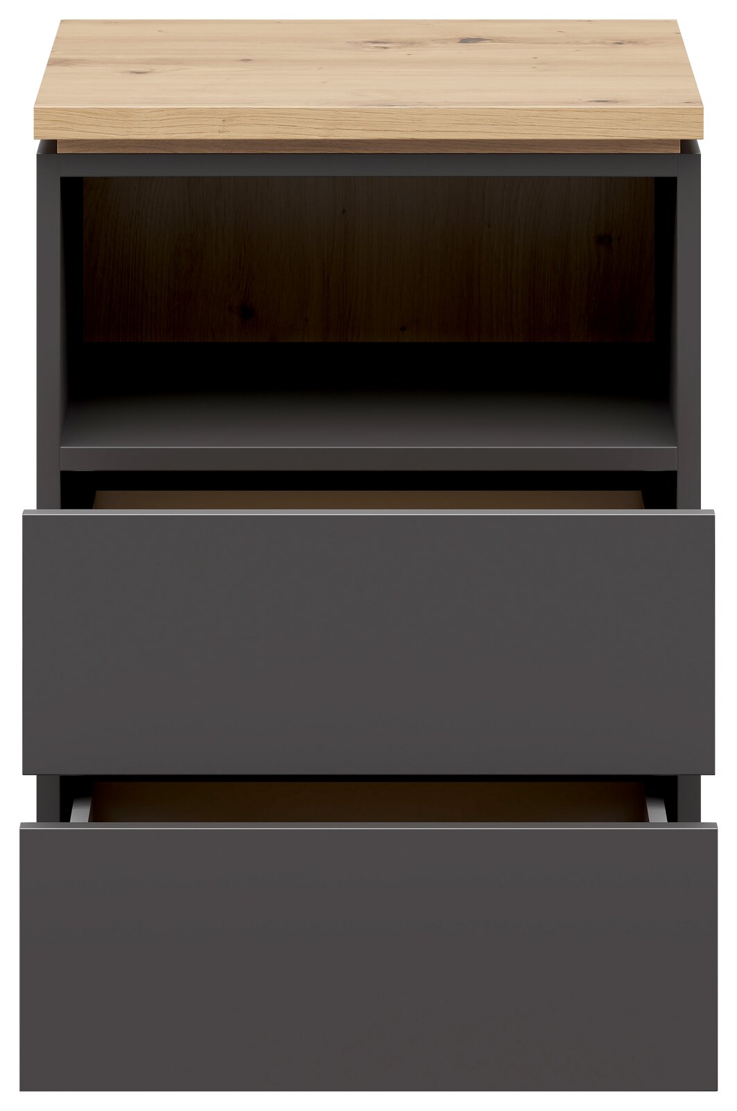 Nachtkommode in moderner Frontansicht mit zwei offenen Schubladen und einer offenen Ablage, obere Platte in Holzoptik.