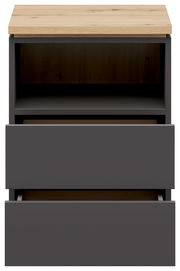 Nachtkommode in moderner Frontansicht mit zwei offenen Schubladen und einer offenen Ablage, obere Platte in Holzoptik.