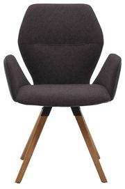 Moderner Armlehnenstuhl mit dunklem Stoffbezug und Holzbeinen, Frontalansicht