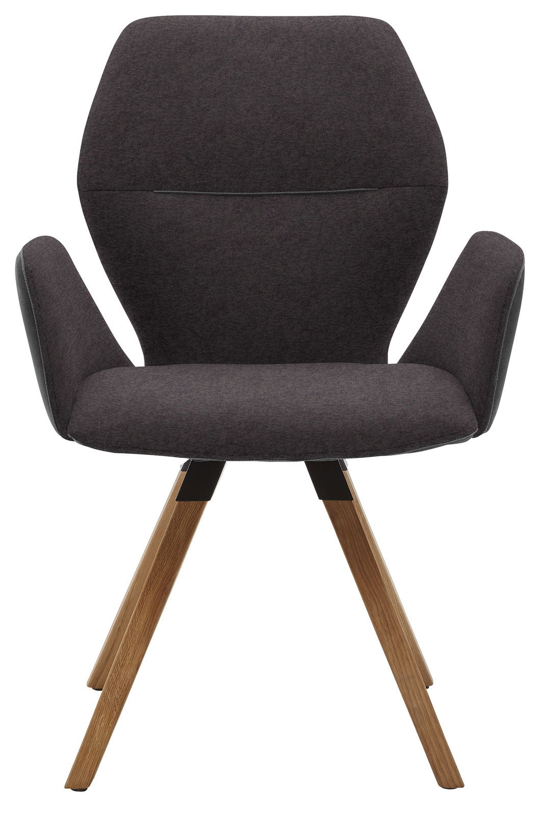 Moderner Armlehnenstuhl mit dunklem Stoffbezug und Holzbeinen, Frontalansicht