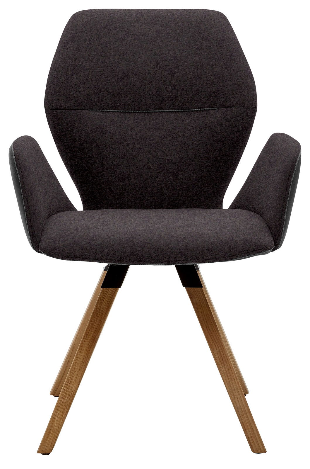 Moderner Armlehnenstuhl mit dunklem Stoffbezug und Holzbeinen, Frontalansicht