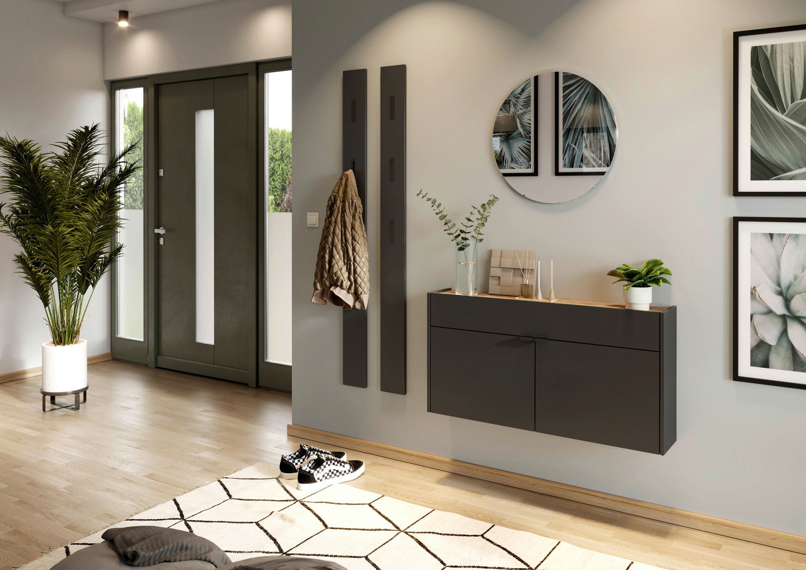 XORA Hängeschuhschrank breit AMECA Moderner Eingangsbereich mit einem hängenden Schuhschrank in dunkler Farbe, rundem Spiegel und dekorativen Pflanzen, seitliche Perspektive.