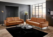 Zwei braune Ledersofas in einem modernen Wohnzimmer mit großen Fenstern und Stadtblick, aus frontaler Perspektive.
