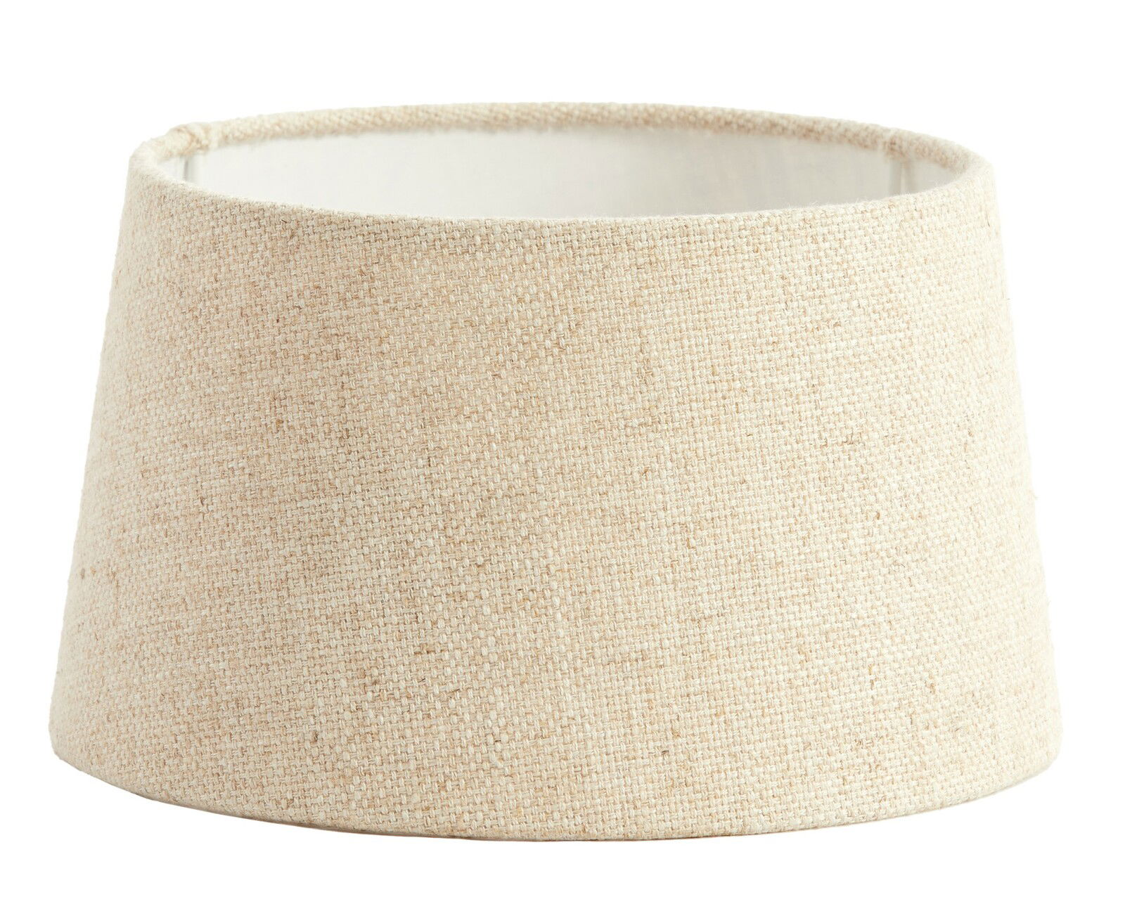 Beiger, runder Lampenschirm aus Stoff in Nahaufnahme, seitliche Perspektive
