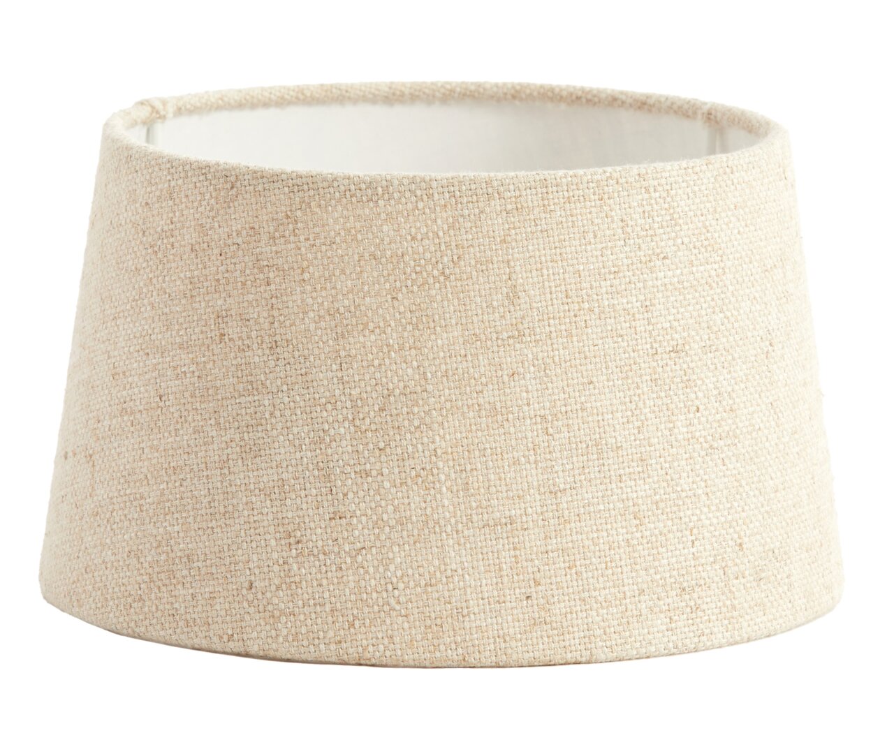 Beiger, runder Lampenschirm aus Stoff in Nahaufnahme, seitliche Perspektive