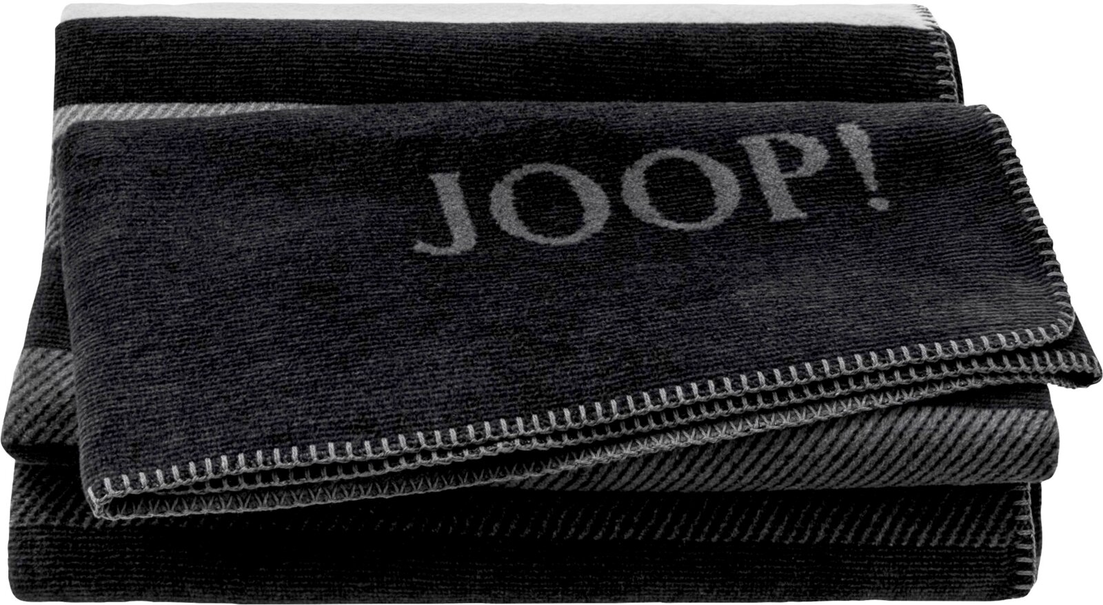 JOOP! Wohndecke 150 x 200cm SHUTTER Zusammengefaltete JOOP! Wohndecke/Decke in Dunkelgrau und Grau mit eingewebtem JOOP!-Schriftzug und Zierstich-Kante, frontal in leicht schräger Perspektive auf weißem Hintergrund