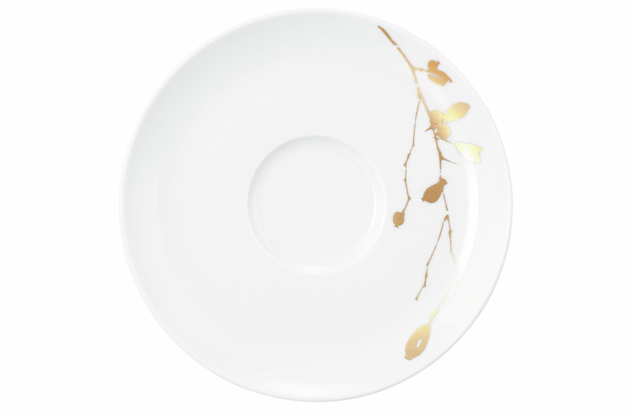 Kombi-Untertasse 16,5 cm in Weiß mit goldenen floralen Verzierungen, Draufsicht