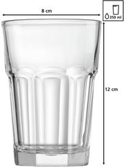 Ein transparentes Longdrinkglas mit einem Fassungsvermögen von 350 ml, 8 cm Durchmesser und 12 cm Höhe, aus der Seitenperspektive fotografiert.