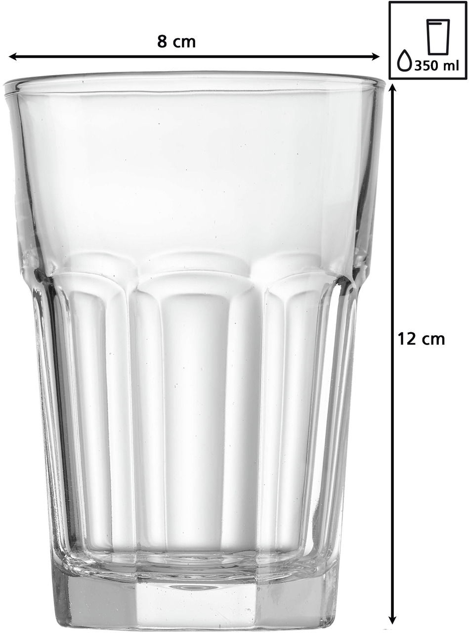 Ein transparentes Longdrinkglas mit einem Fassungsvermögen von 350 ml, 8 cm Durchmesser und 12 cm Höhe, aus der Seitenperspektive fotografiert.