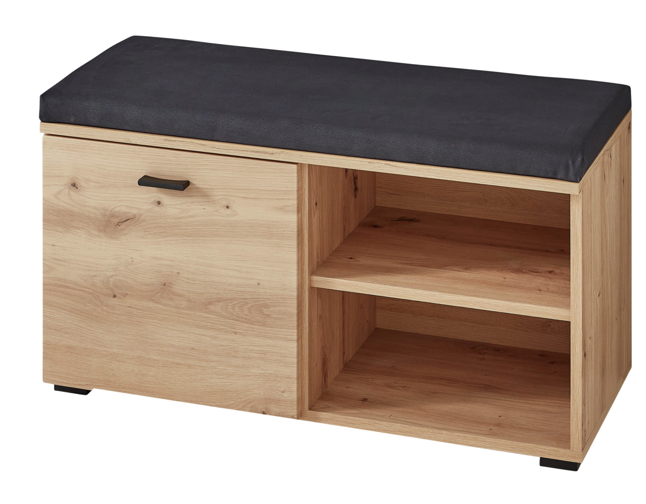 Voleo Garderobenbank BUFFALO Garderobenbank aus Holz mit schwarzer Polsterung, einer Tür mit Griff auf der linken Seite und zwei offenen Regalfächern rechts, Perspektive von vorne.