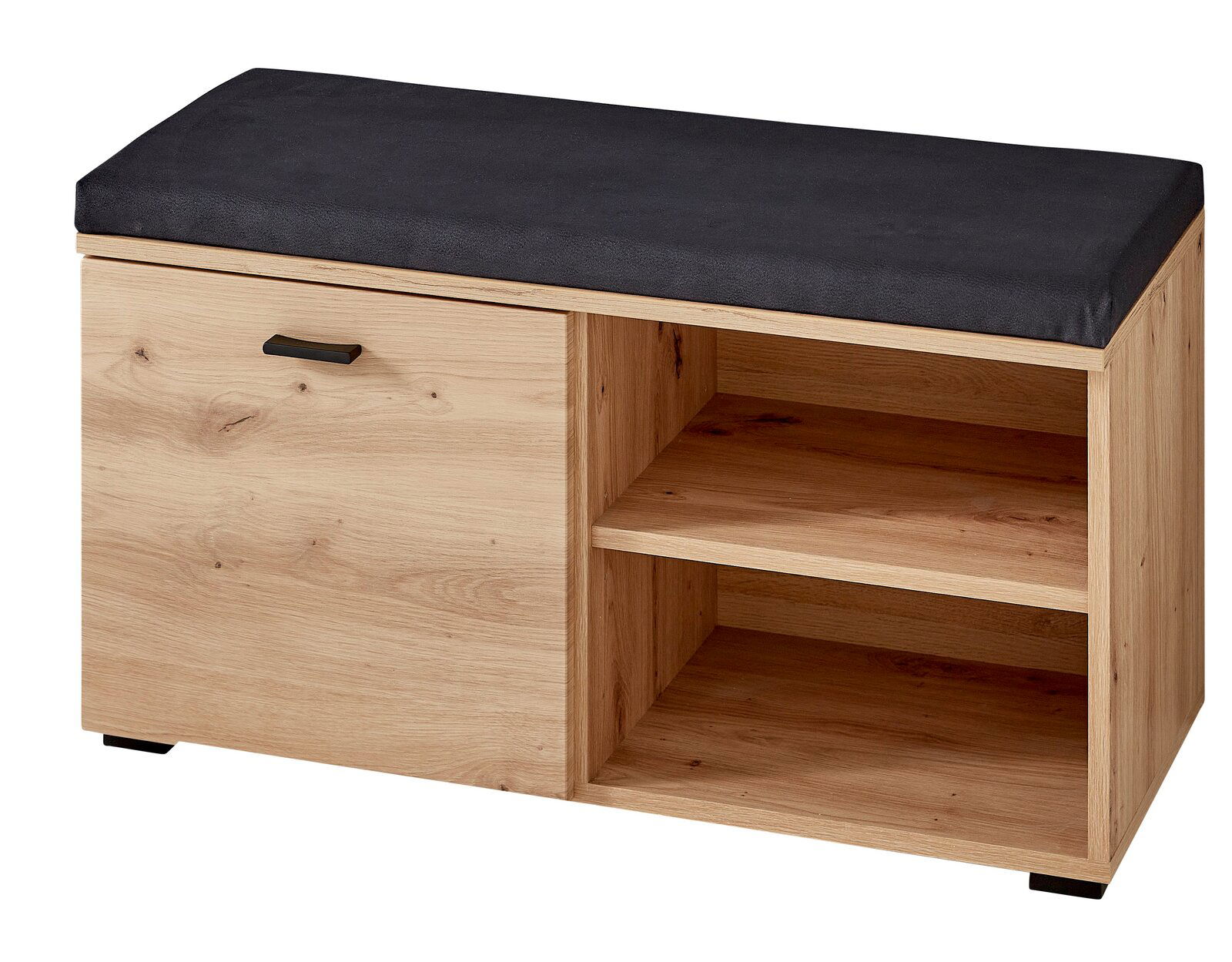 Voleo Garderobenbank BUFFALO Garderobenbank aus Holz mit schwarzer Polsterung, einer Tür mit Griff auf der linken Seite und zwei offenen Regalfächern rechts, Perspektive von vorne.