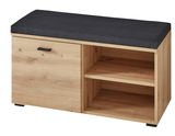 Garderobenbank aus Holz mit schwarzer Polsterung, einer Tür mit Griff auf der linken Seite und zwei offenen Regalfächern rechts, Perspektive von vorne.