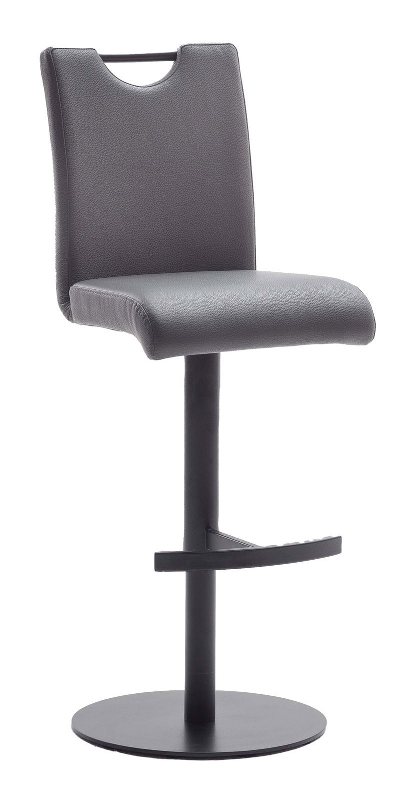 Novel Barhocker ALESI Moderner Barhocker in schwarzem Leder mit runder Basis und Fußstütze, seitliche Perspektive