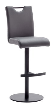 Moderner Barhocker in schwarzem Leder mit runder Basis und Fußstütze, seitliche Perspektive