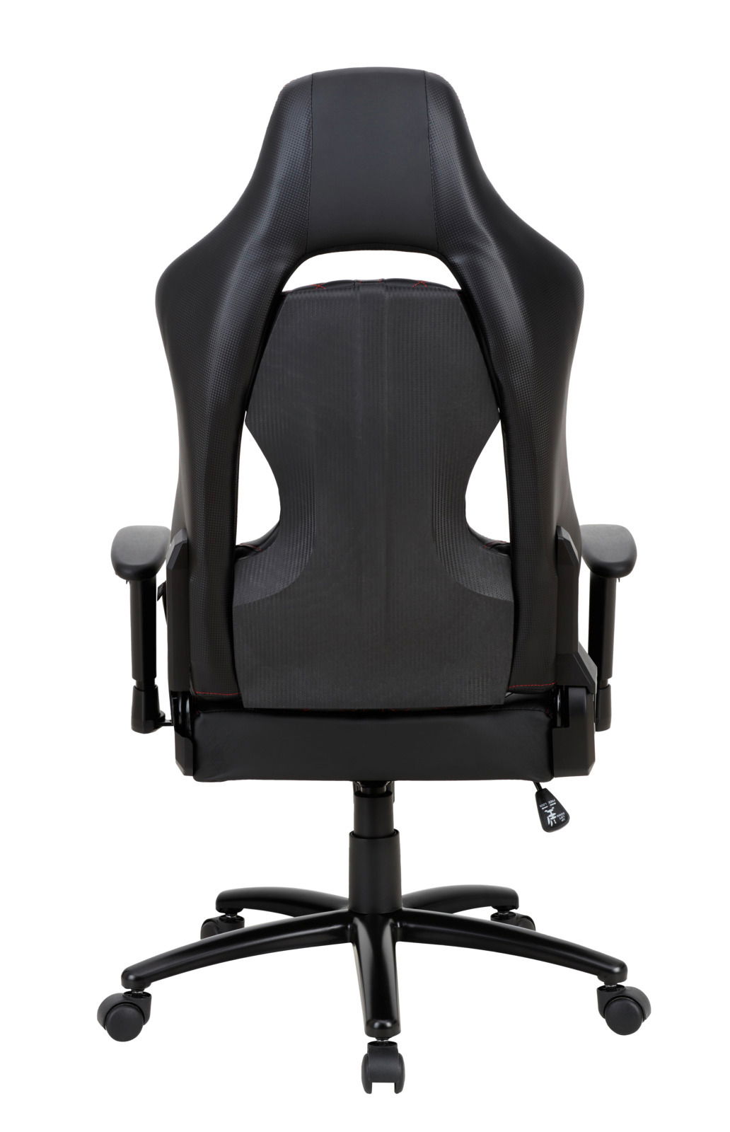 Rückansicht eines schwarzen Gaming-Stuhls mit ergonomischem Design und verstellbaren Armlehnen.