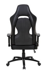 Rückansicht eines schwarzen Gaming-Stuhls mit ergonomischem Design und verstellbaren Armlehnen.