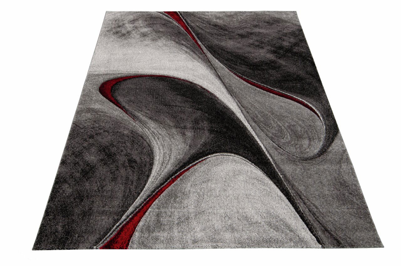 Moderner Teppich in Grautönen mit roten Akzenten, abstraktes Design, Perspektive von oben