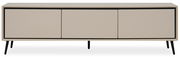 Modernes TV-Lowboard in Beige mit drei Türen und schwarzen Beinen, Frontalansicht.
