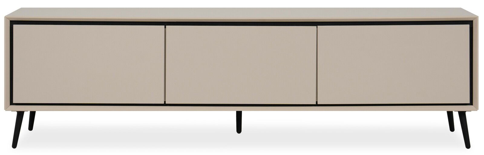 Modernes TV-Lowboard in Beige mit drei Türen und schwarzen Beinen, Frontalansicht.