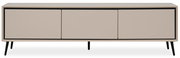 Modernes TV-Lowboard in Beige mit drei Türen und schwarzen Beinen, Frontalansicht.